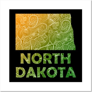 Colorful mandala art map of North Dakota with text in green and orange Posters and Art